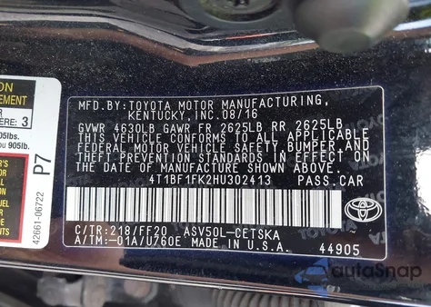 2017 Toyota Camry Se from USA, damaged, VIN 4T1BF1FK2HU302413